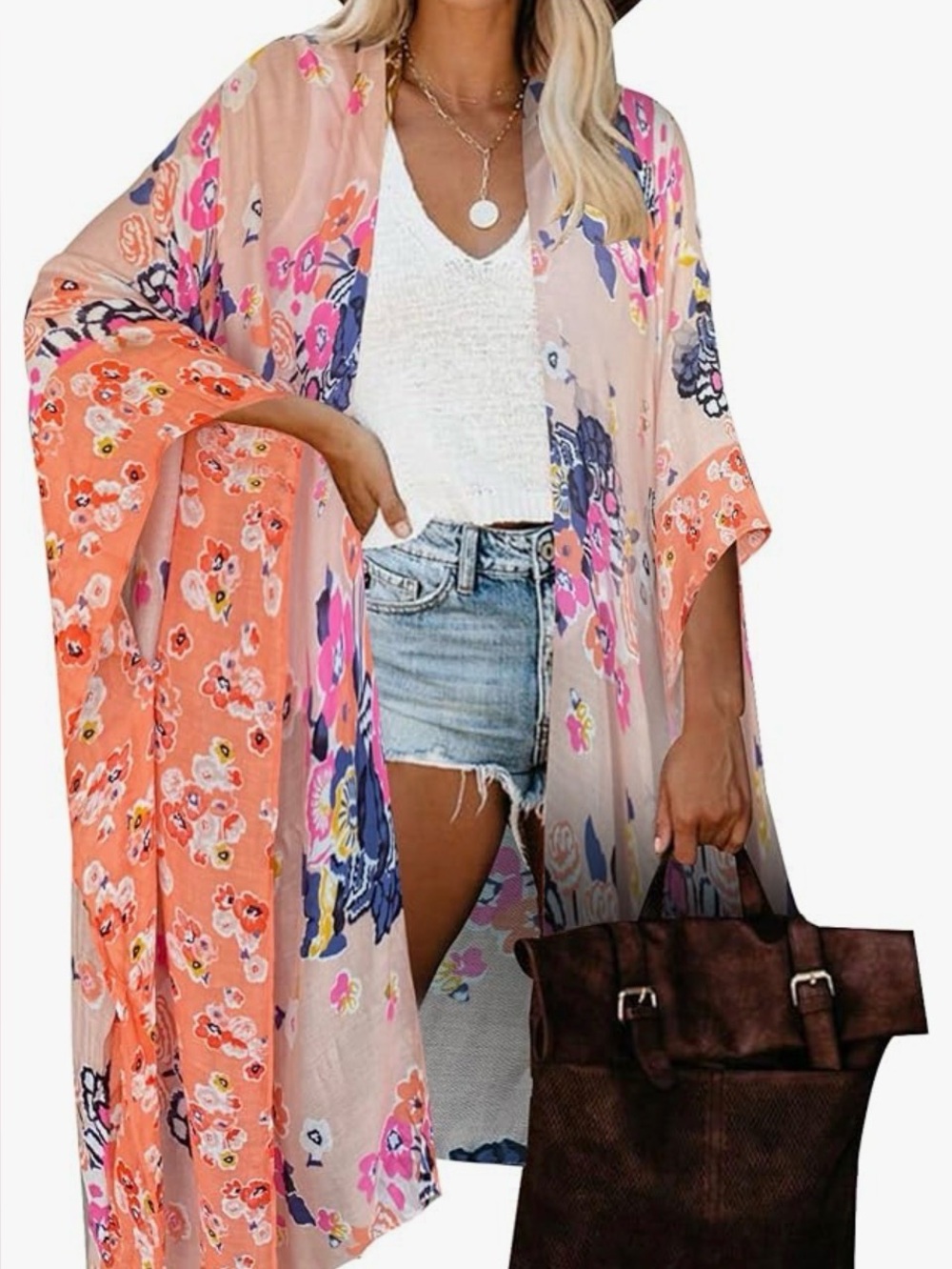 Moss Rose Boho Peach Floral Kimono Beach Coverup Resort Wear OS